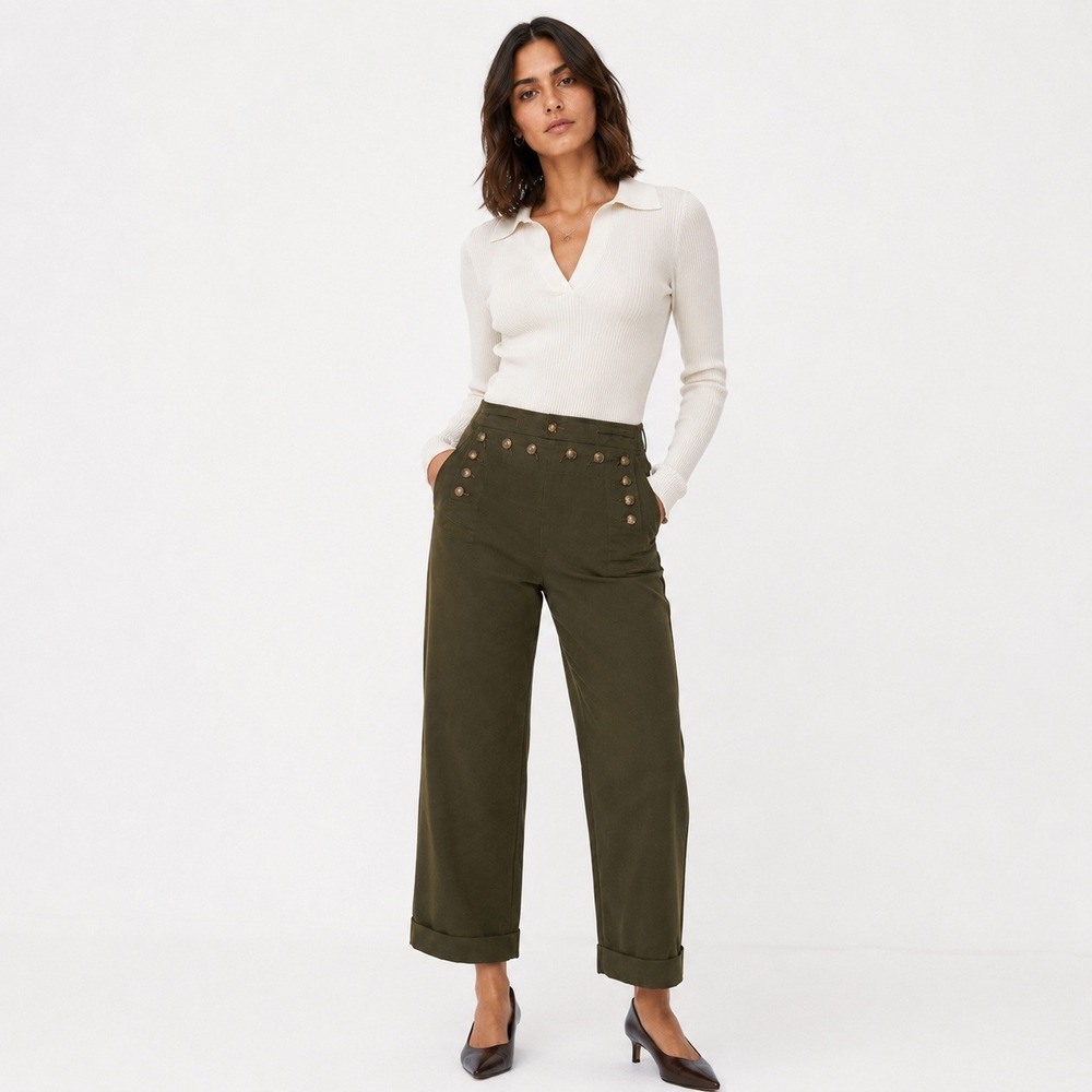 Tory Burch Moleskin Sailor Pants Size 12 Wide-Leg Army Green Quiet Luxury Boho